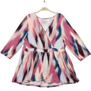 Torrid Super Soft Knits Surplice Babydoll Top 2X Ikat Print Pink Blue 3/4 Sleeve